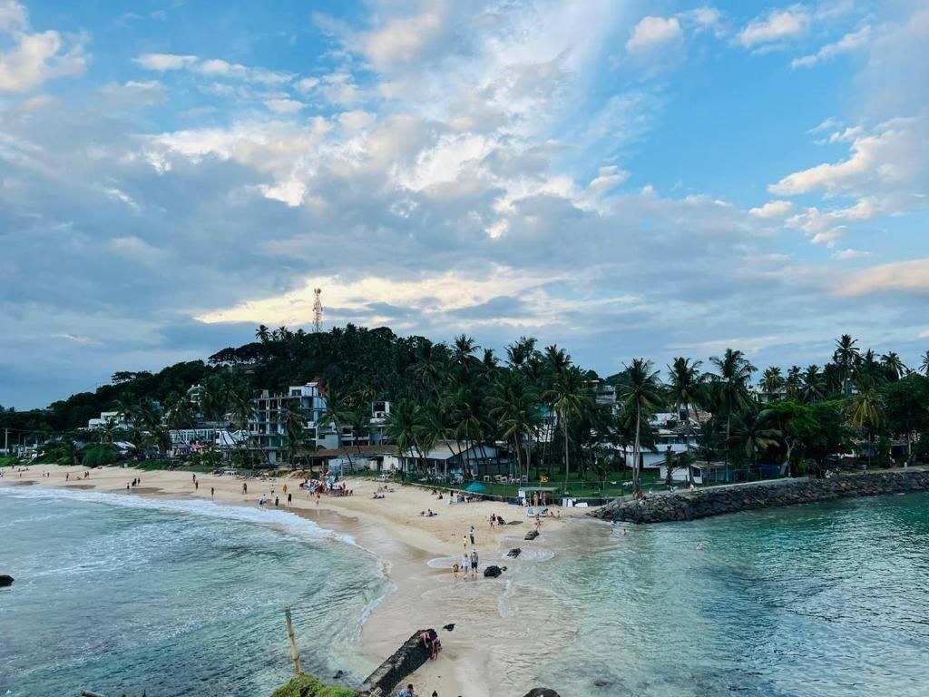A beach with clear water, palm trees, and buildings in the background.