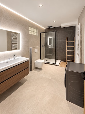 Une salle de bain moderne avec une douche à parois de verre, un meuble-lavabo avec un miroir et des toilettes.