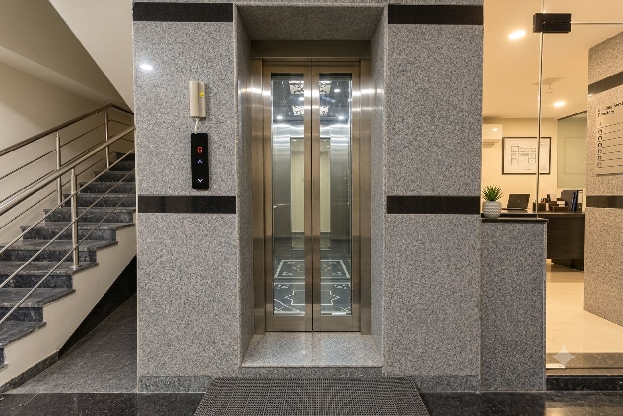 Um elevador com painel de comando, uma escada à esquerda e uma receção com um sinal de diretório à direita.