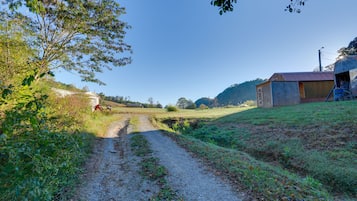 Uma estrada rural que leva a um edifício com telhado de chapa de metal.