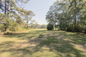 A grassy field with a bench and trees in the background.