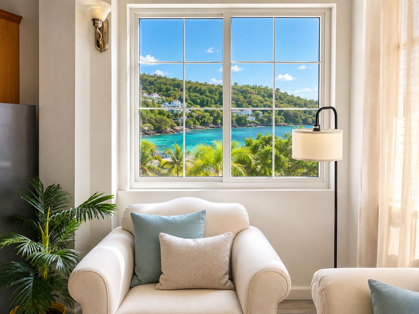 A room with a large window offering a view of a tropical landscape, a sofa with cushions, and a floor lamp.