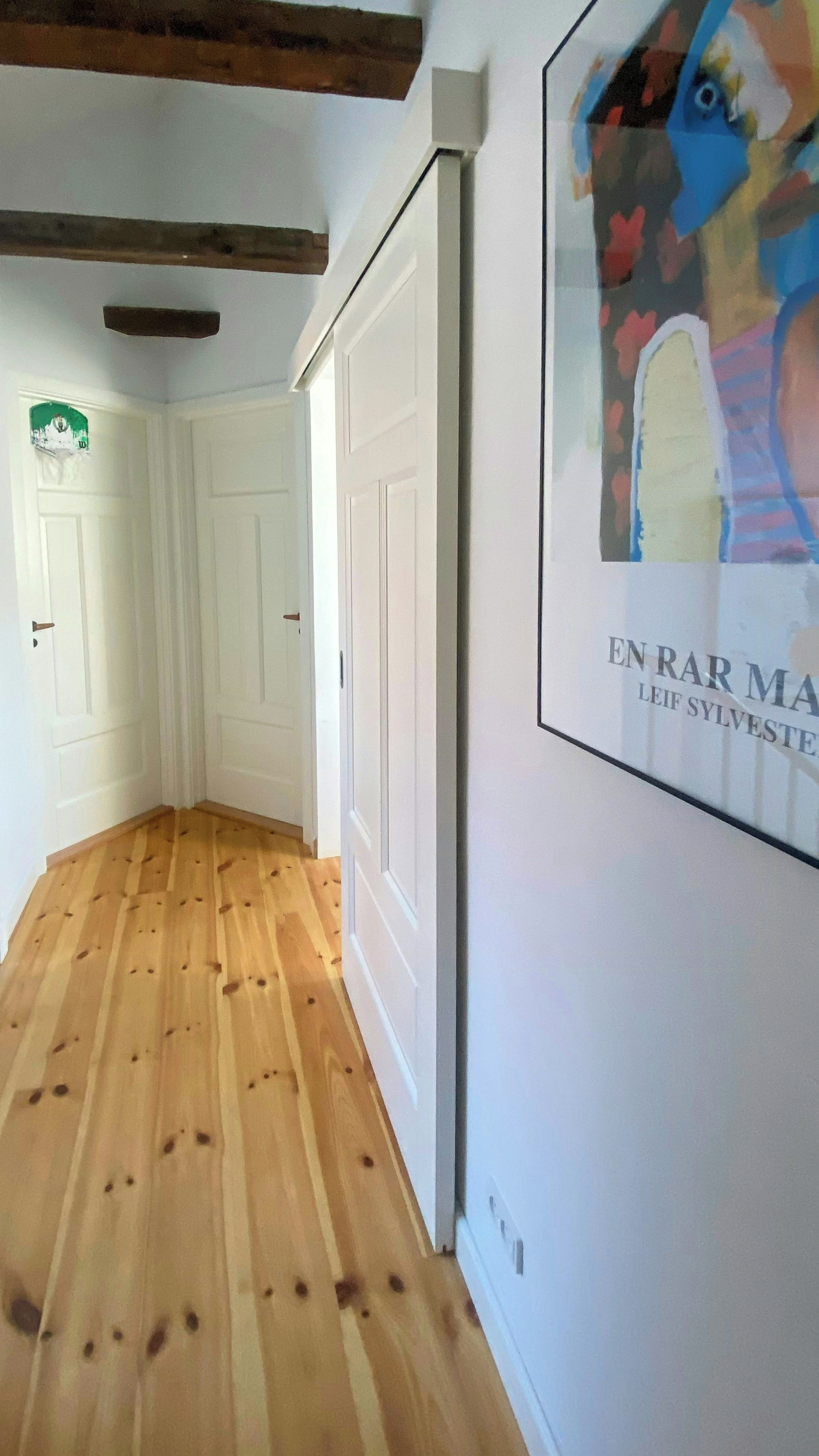 Um corredor com piso de madeira, portas brancas e um quadro pendurado na parede.