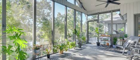 A sunlit room with large windows, a ceiling fan, and a variety of potted plants.
