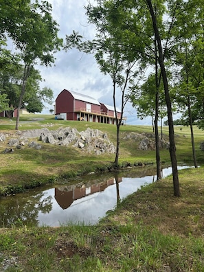 A red barn with a flat roof, surrounded by trees and a small stream. - 3 bedroom farmhouse located in the beautiful Shenandoah valley, just off I -81 (Staunton)