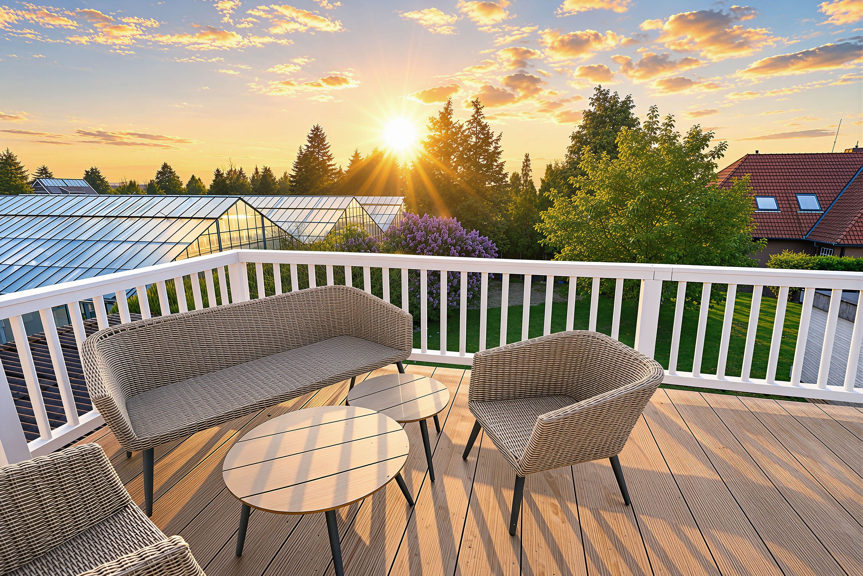 A wooden deck with a white railing, wicker furniture, and a glass greenhouse structure.