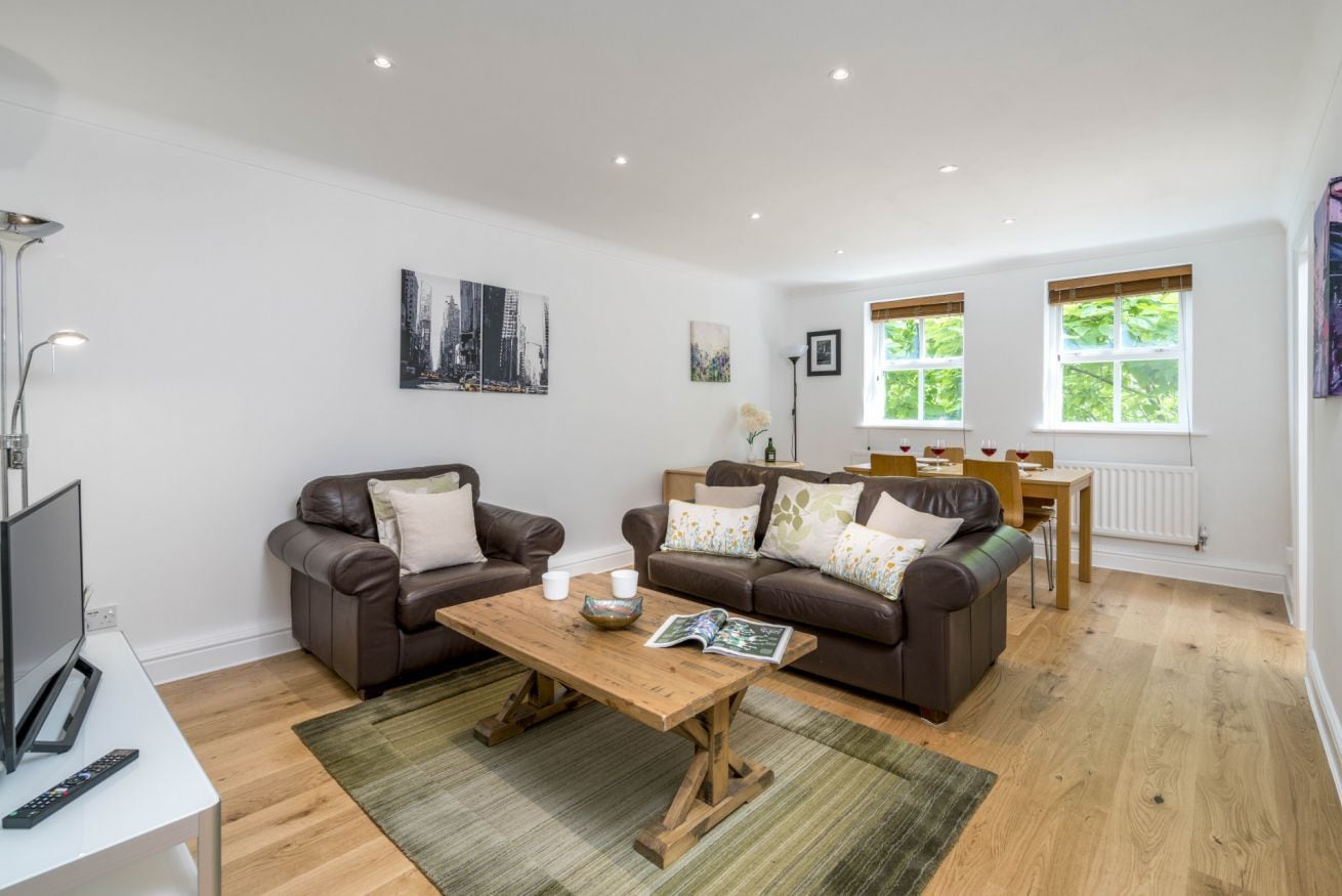 A modern living room with two sofas, a coffee table, a TV, and a dining area with a table and chairs.