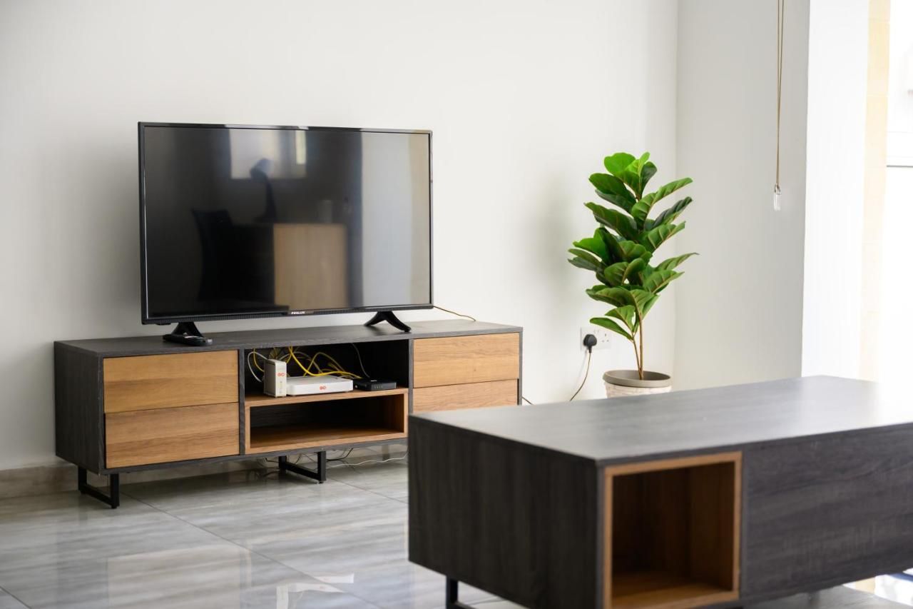 Ett modernt vardagsrum med en platt-TV placerad på ett träskåp, en krukväxt och ett minimalistiskt soffbord.