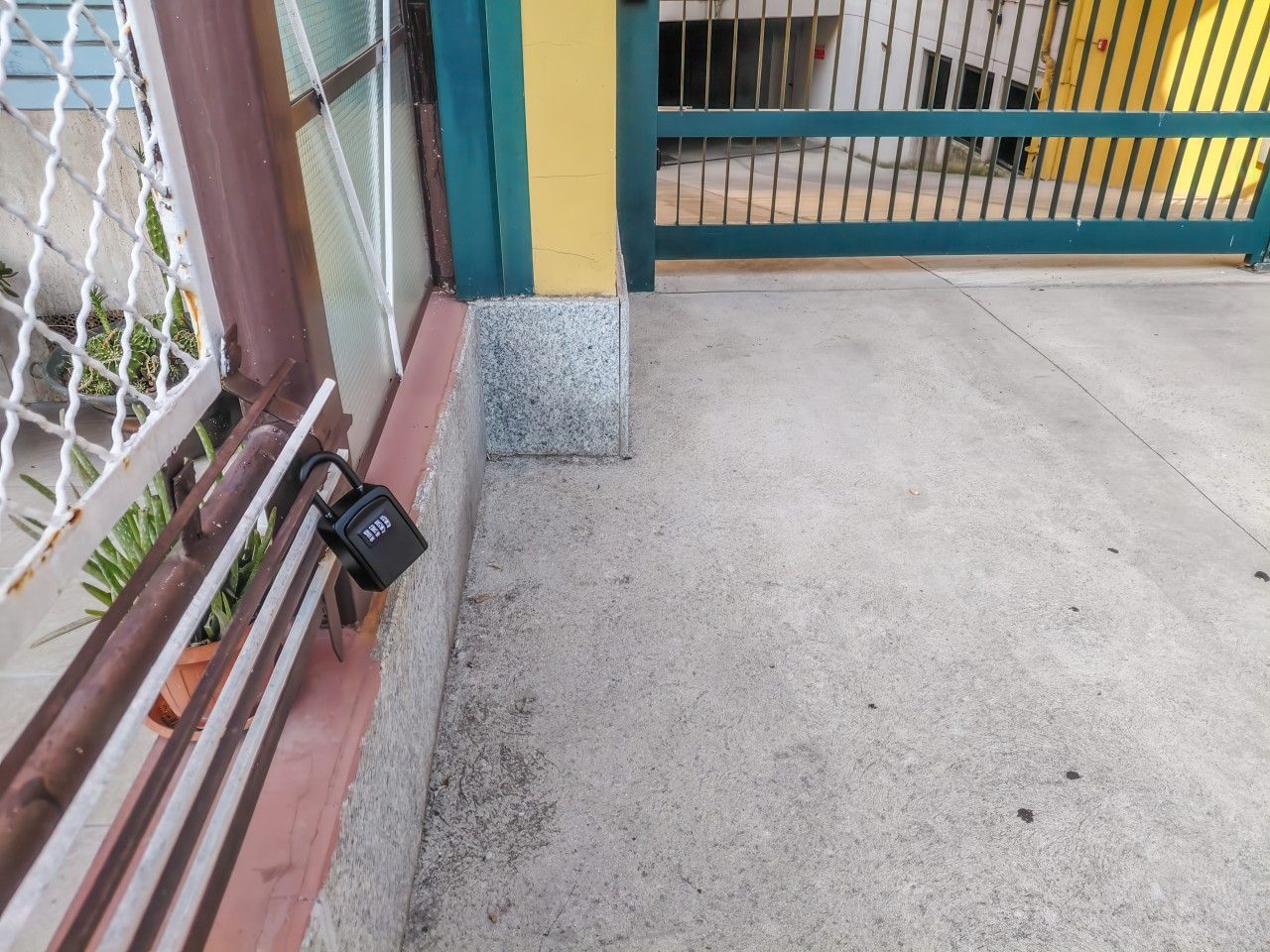 A gated entrance with a metal gate, a concrete pathway, and a potted plant.