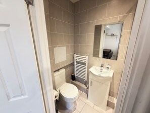 Un bagno con servizi igienici, lavabo, specchio e portasciugamani.