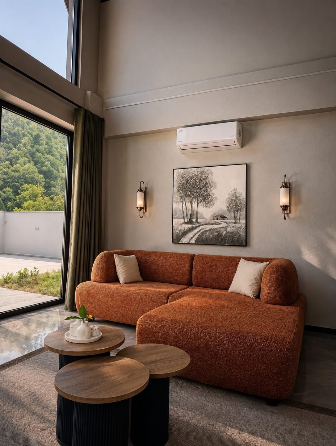 A modern living room with a sofa, two wall-mounted lamps, a painting, and a round table with a vase.