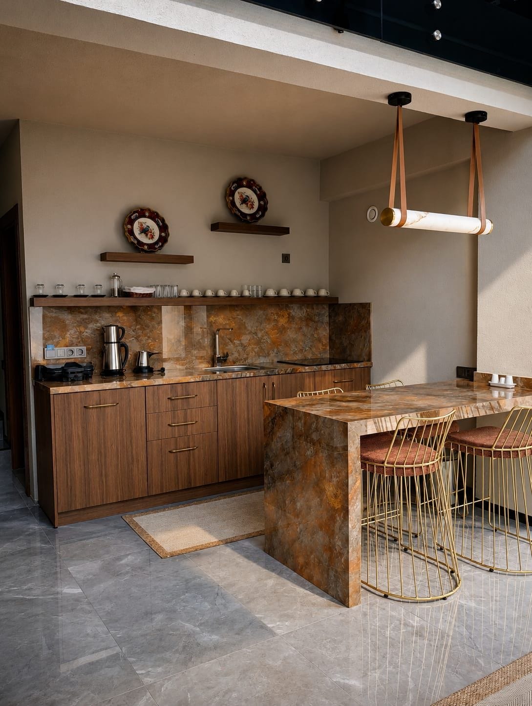 A modern kitchen with wooden cabinets, a marble island, and a bar area with stools.