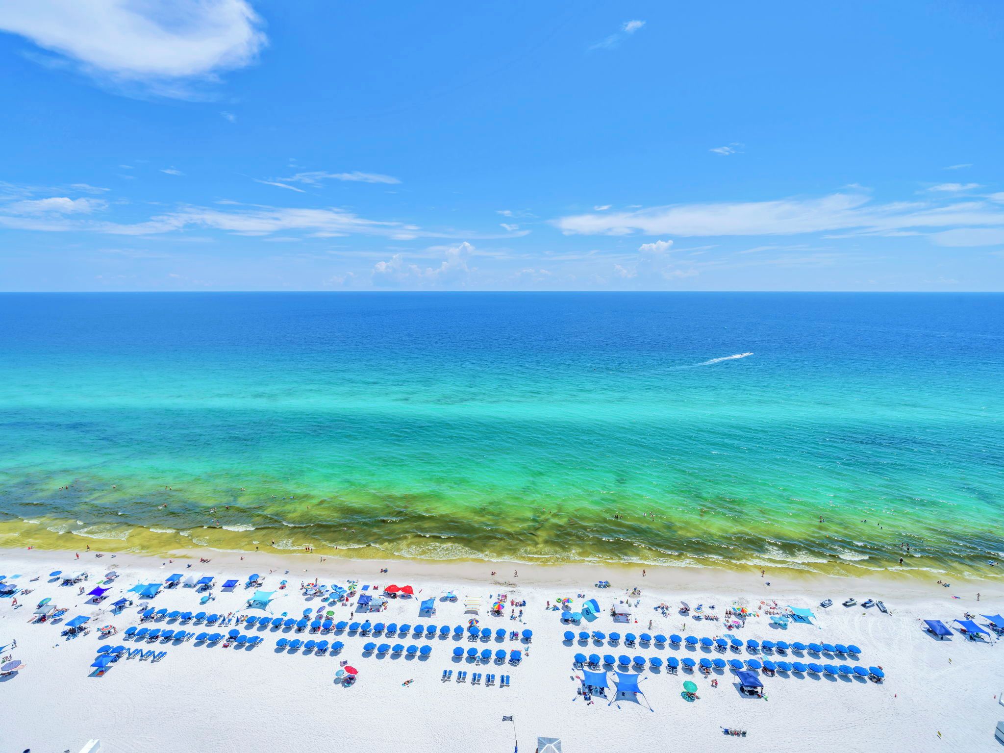 A beach with rows of blue beach chairs and umbrellas, a clear blue sky, and calm ocean waters.