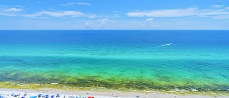 Una playa con hileras de sillas azules y sombrillas, un cielo azul despejado y aguas oceánicas tranquilas.