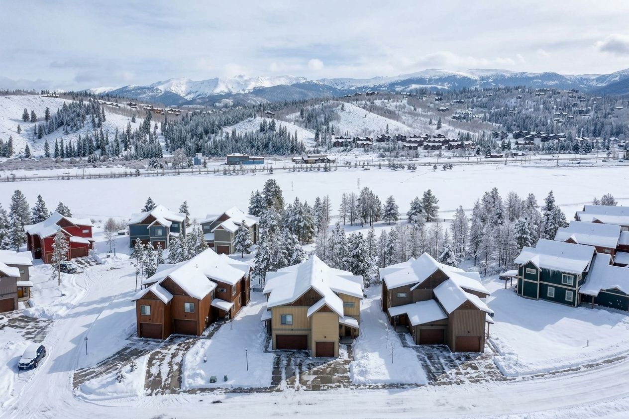A residential area with houses surrounded by snow-covered trees and mountains in the background.