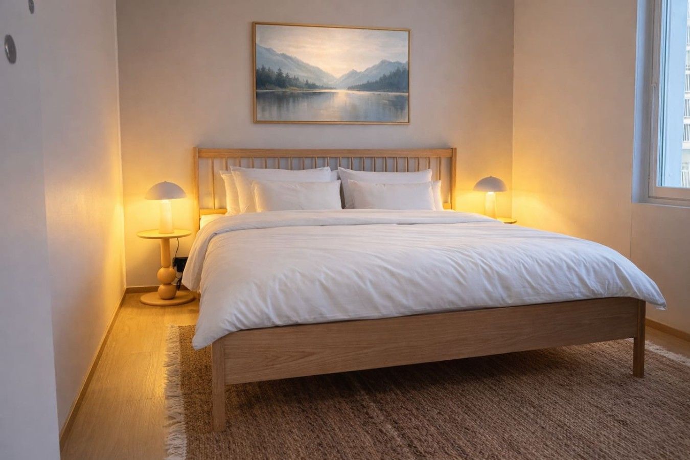 Un dormitorio con una cama de madera, ropa de cama blanca, dos lámparas de noche y un cuadro con un paisaje en la pared.
