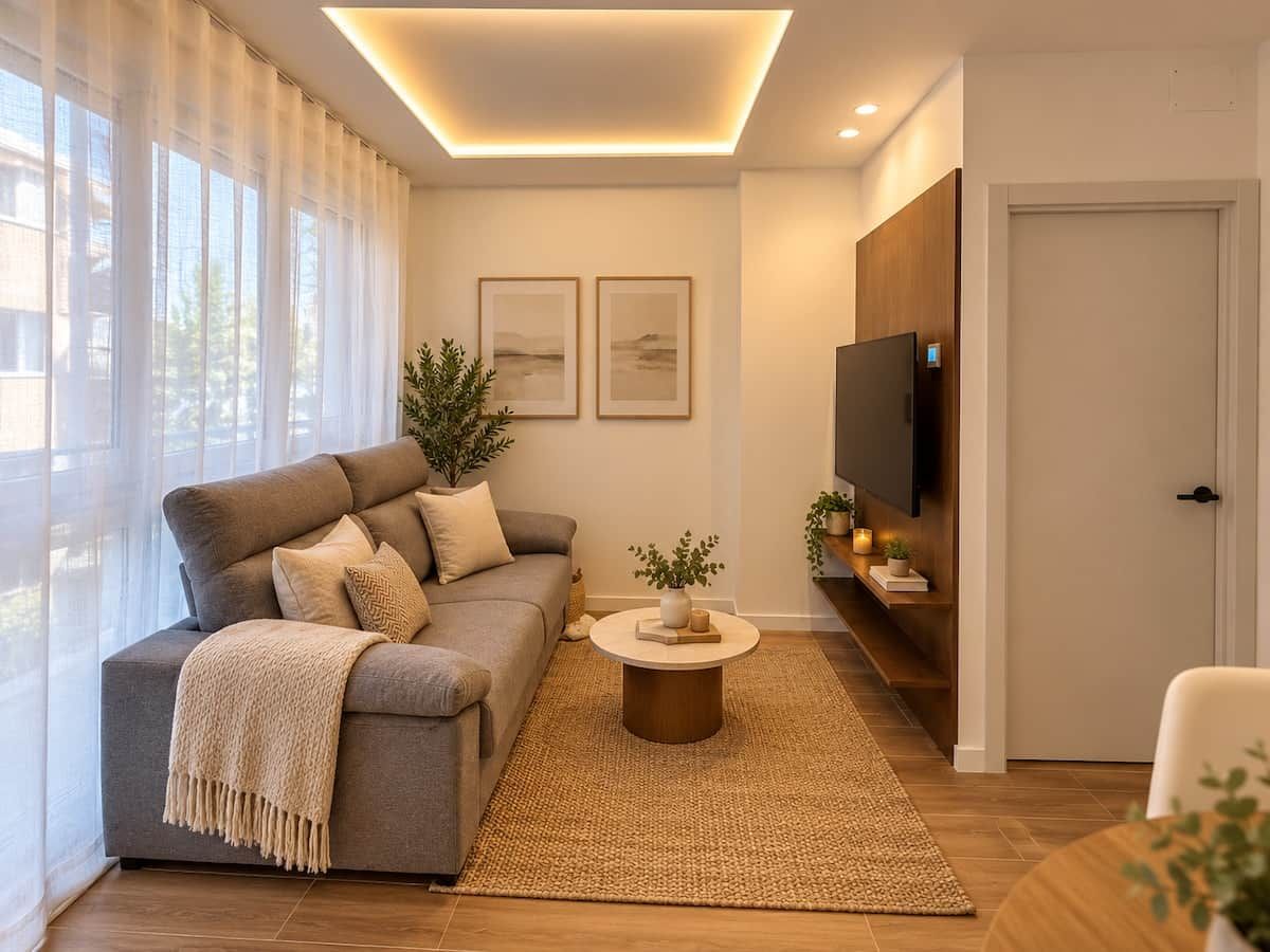 Un salon moderne avec un canapé, une table basse et un téléviseur à écran plat.
