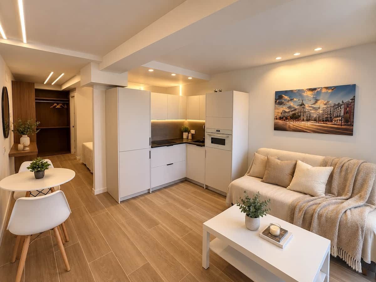 Un appartement moderne comprenant un coin cuisine, un espace repas et un salon avec un canapé et une table basse.