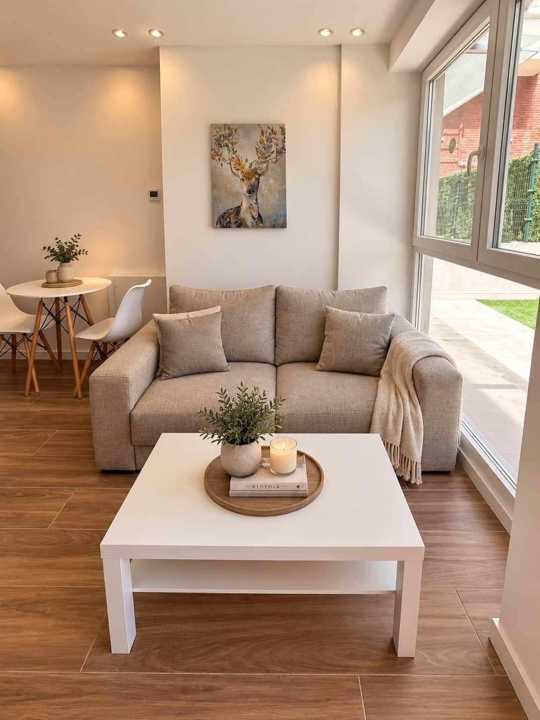 Un salon moderne avec un canapé beige, une table basse blanche et un tableau représentant un cerf accroché au mur.