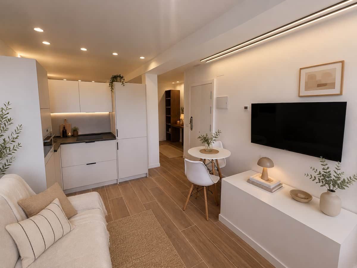 Een moderne woonkamer met een bank, een eettafel met stoelen, een flatscreen televisie aan de muur en een keuken in de achtergrond.