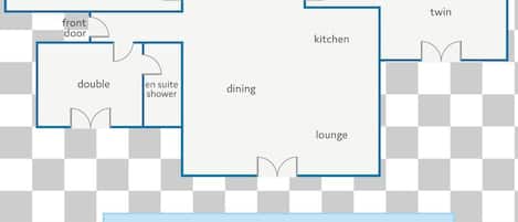 A hotel floor plan with a pool, dining, lounge, kitchen, twin rooms, and en suite showers.