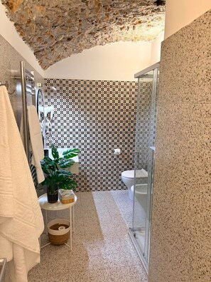 Une salle de bain avec un mur recouvert de carreaux à motifs, une douche en verre, des toilettes blanches et une plante posée sur une petite table.