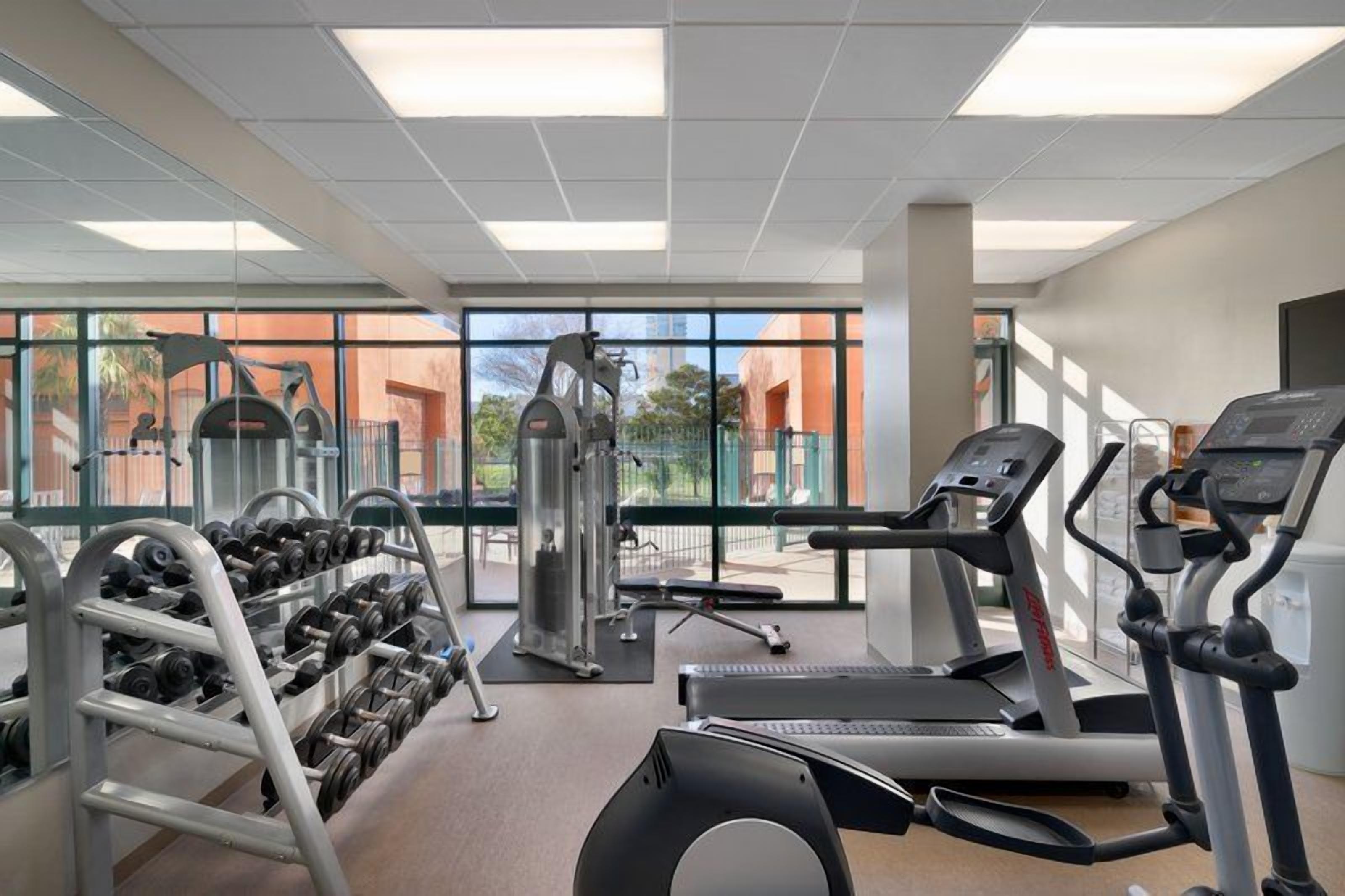 Un gimnasio con cintas de correr, mancuernas y máquinas de pesas.