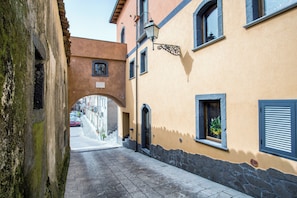 Una calle estrecha con muros de piedra y un pequeño arco.