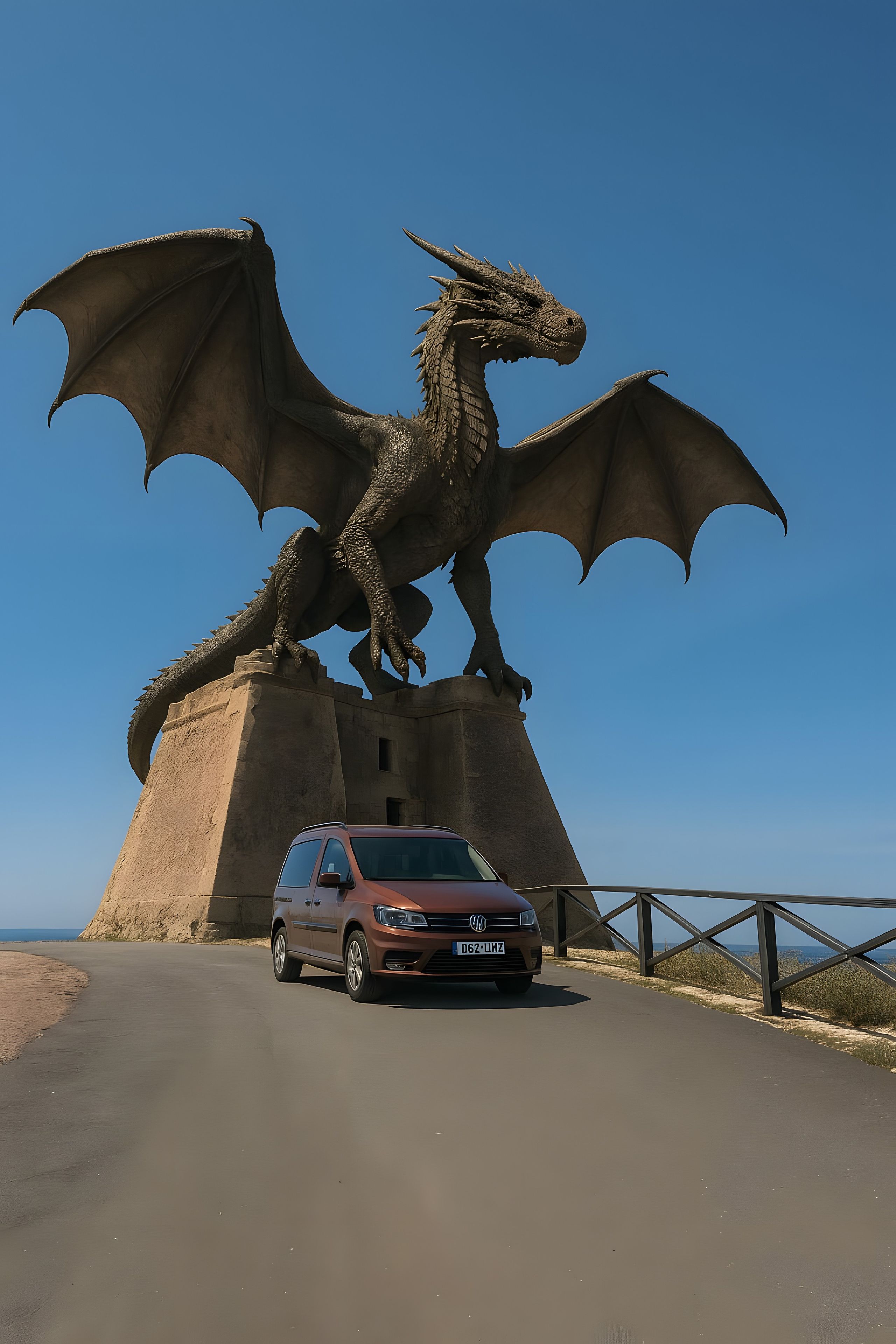 A red car parked in front of a dragon statue on a clear day.