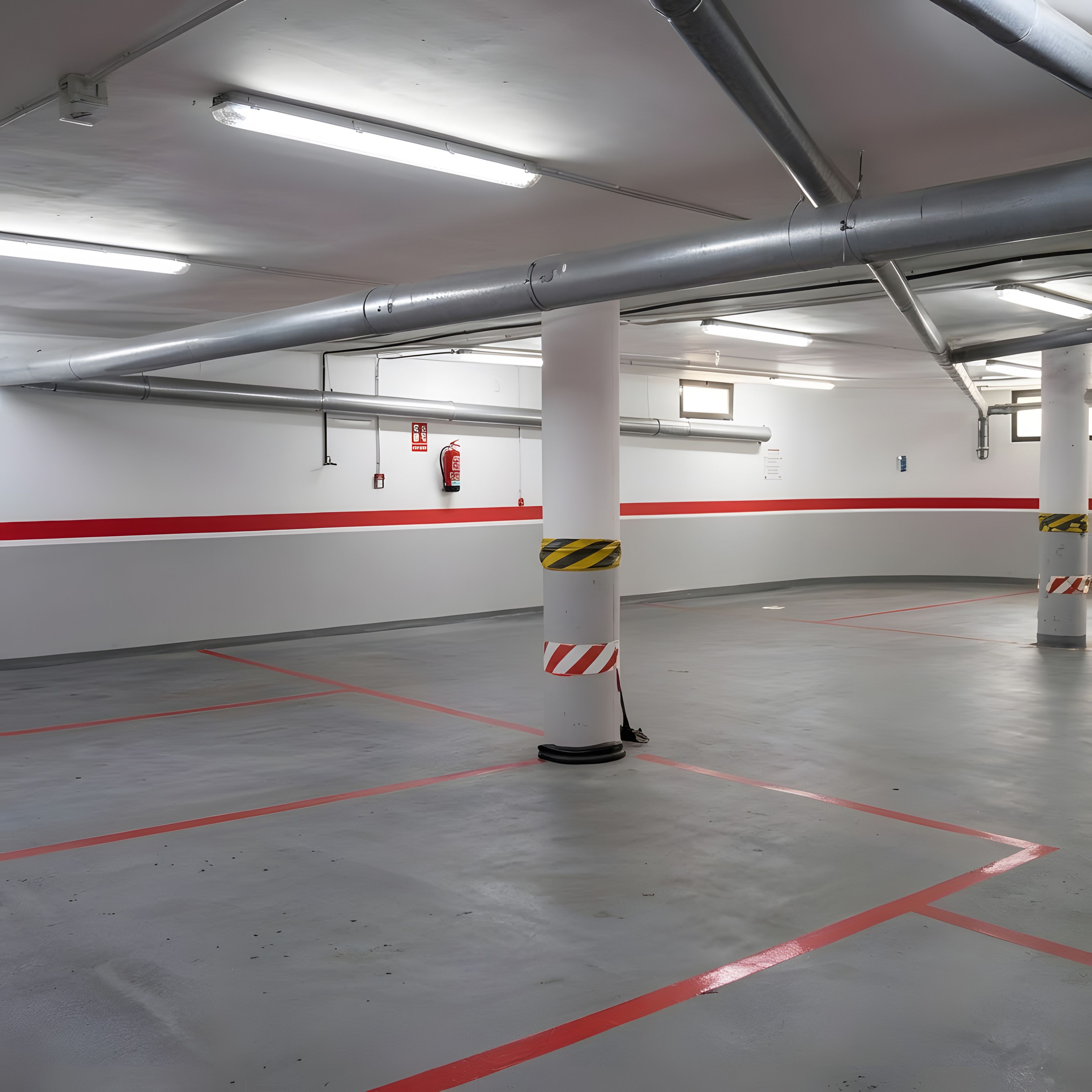Een parkeergarage met witte wanden, rode veiligheidslijnen en een schone, lege vloer.
