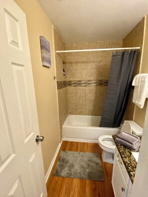 Un baño con bañera, inodoro y cortina de ducha.