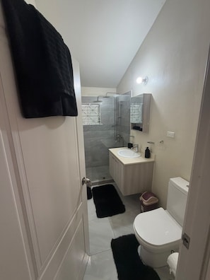 A bathroom with a toilet, sink, and shower area. - The Black Pearl (Discovery Bay)