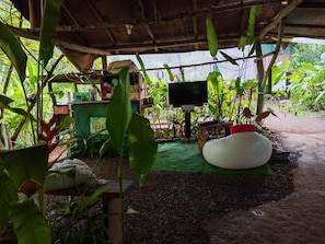 Un espacio al aire libre techado con televisor, un sillón de mimbre y diversas plantas.