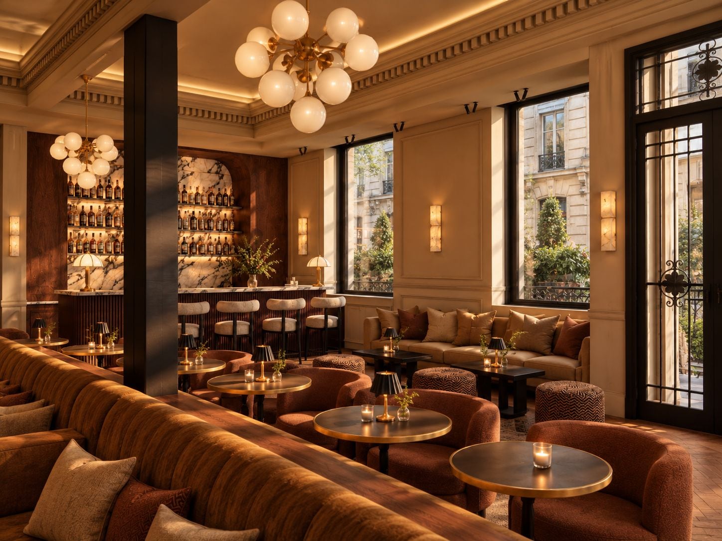 Elegante zona de estar con bar, asientos cómodos y amplios ventanales con vistas a la ciudad.