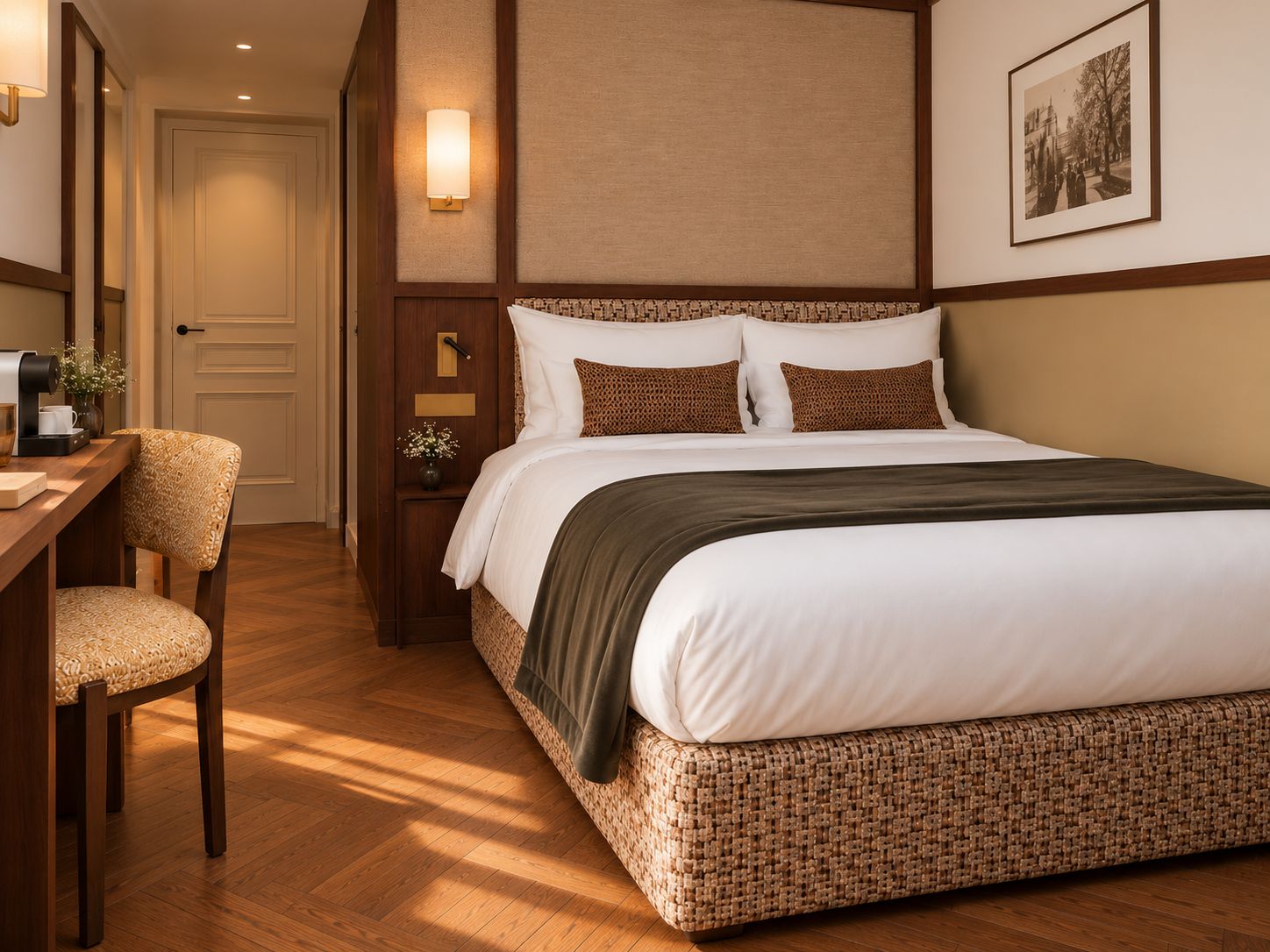 Habitación de hotel con cama, escritorio, silla, mesita de noche y lámpara de pared.
