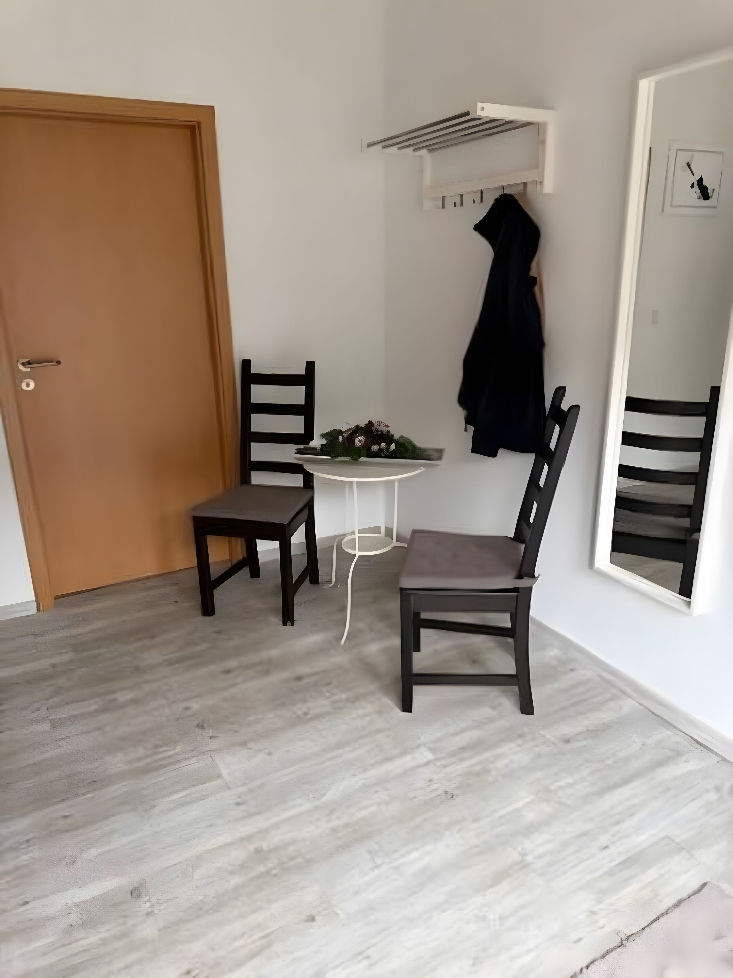 Una habitación con una puerta de madera, dos sillas, una mesa redonda pequeña con un florero, un perchero y un espejo en la pared.