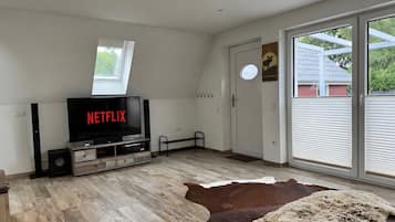 Un salon moderne doté d’un téléviseur à écran plat affichant le logo « NETFLIX », d’un meuble de rangement en bois, d’une grande fenêtre et d’un tapis en peau de vache.