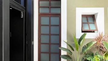 A modern entrance with a glass door, a small window, and a black mat.