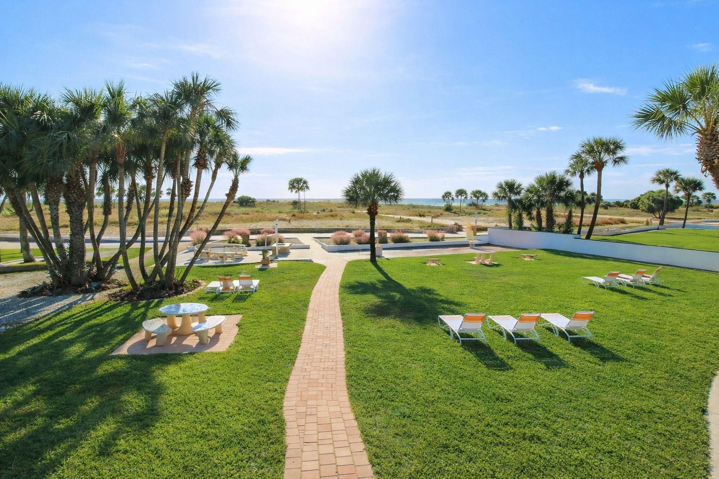 A well-maintained outdoor area with a paved walkway, lounge chairs, and palm trees.