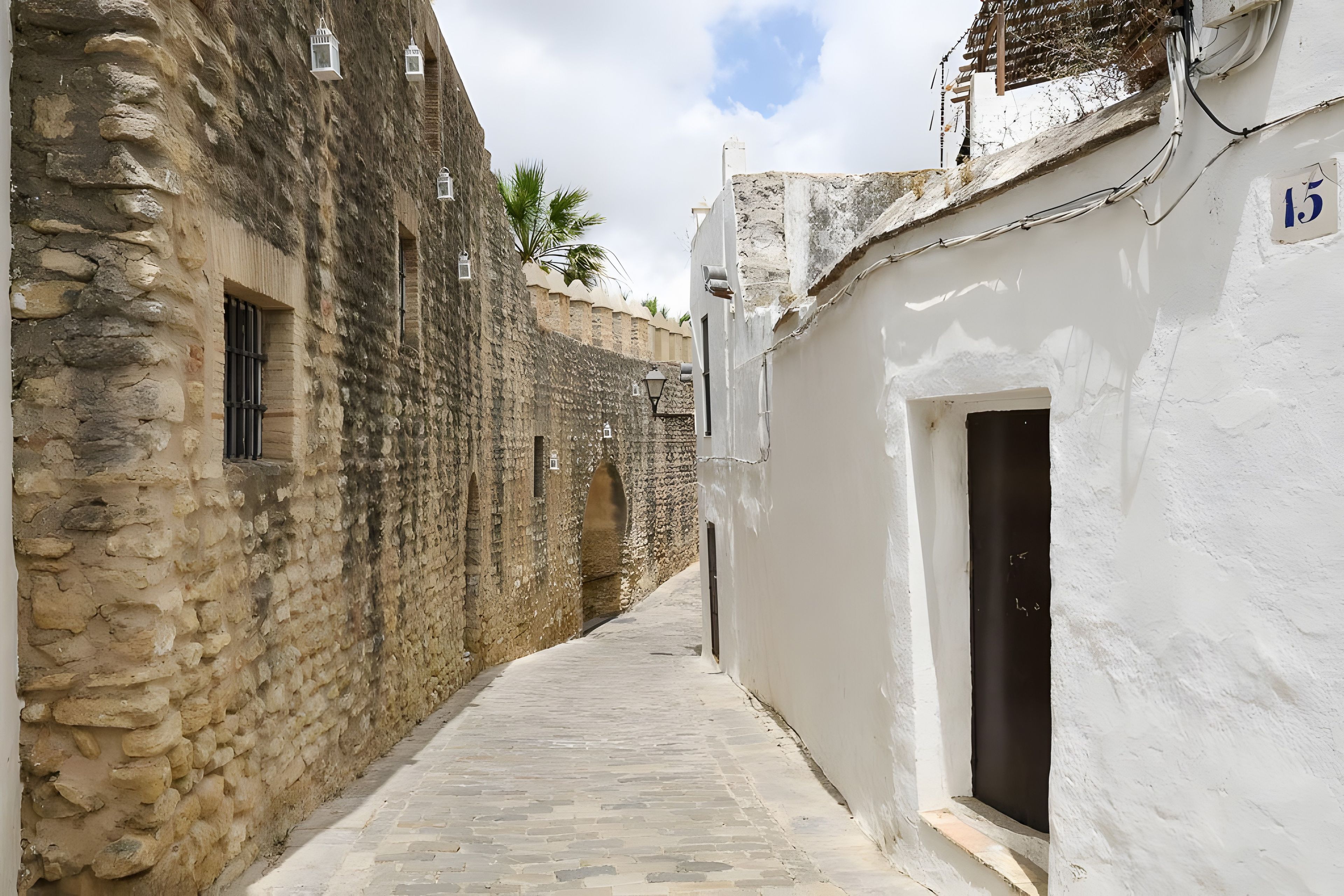 Un estrecho callejón empedrado flanqueado por edificios históricos con puertas arqueadas y pequeñas ventanas.