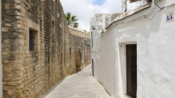 Un estrecho callejón empedrado flanqueado por edificios históricos con puertas arqueadas y pequeñas ventanas.