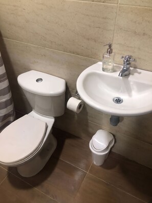 Kylpyhuone, jossa on wc, pesuallas ja roskakori.