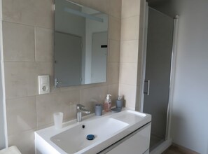 A bathroom with a white sink, a mirror, a shower, and a toilet.