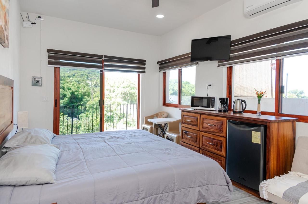 A hotel room with a bed, a desk, a television, a refrigerator, and a view of greenery outside.