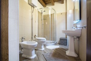 Ein Badezimmer mit Duschkabine, zwei Toiletten, einem Waschbecken und einem Spiegel.