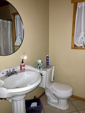 Een badkamer met een wastafel, toilet en spiegel.