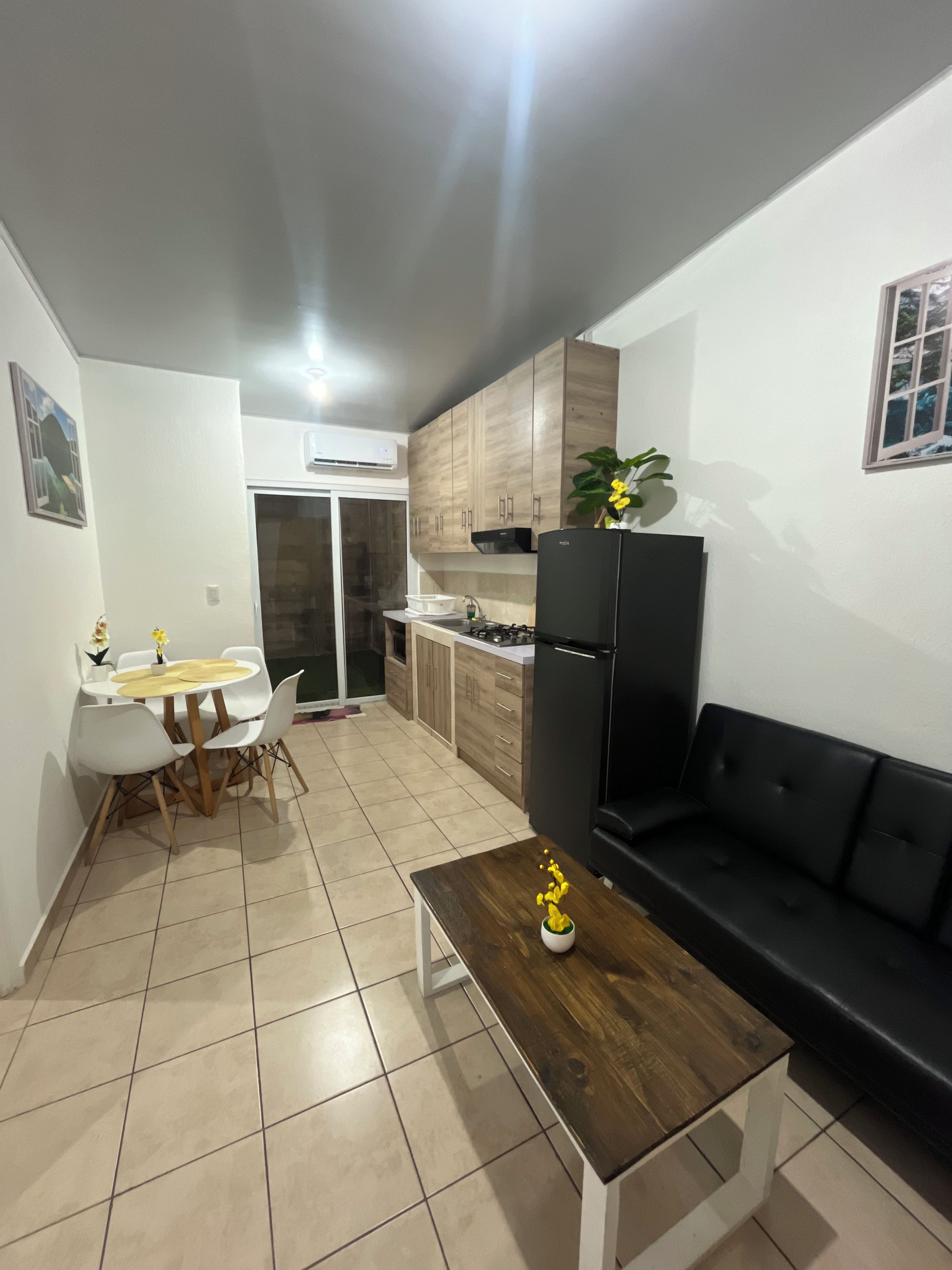 A compact kitchen with a dining area, a sofa, and a small table with a vase.