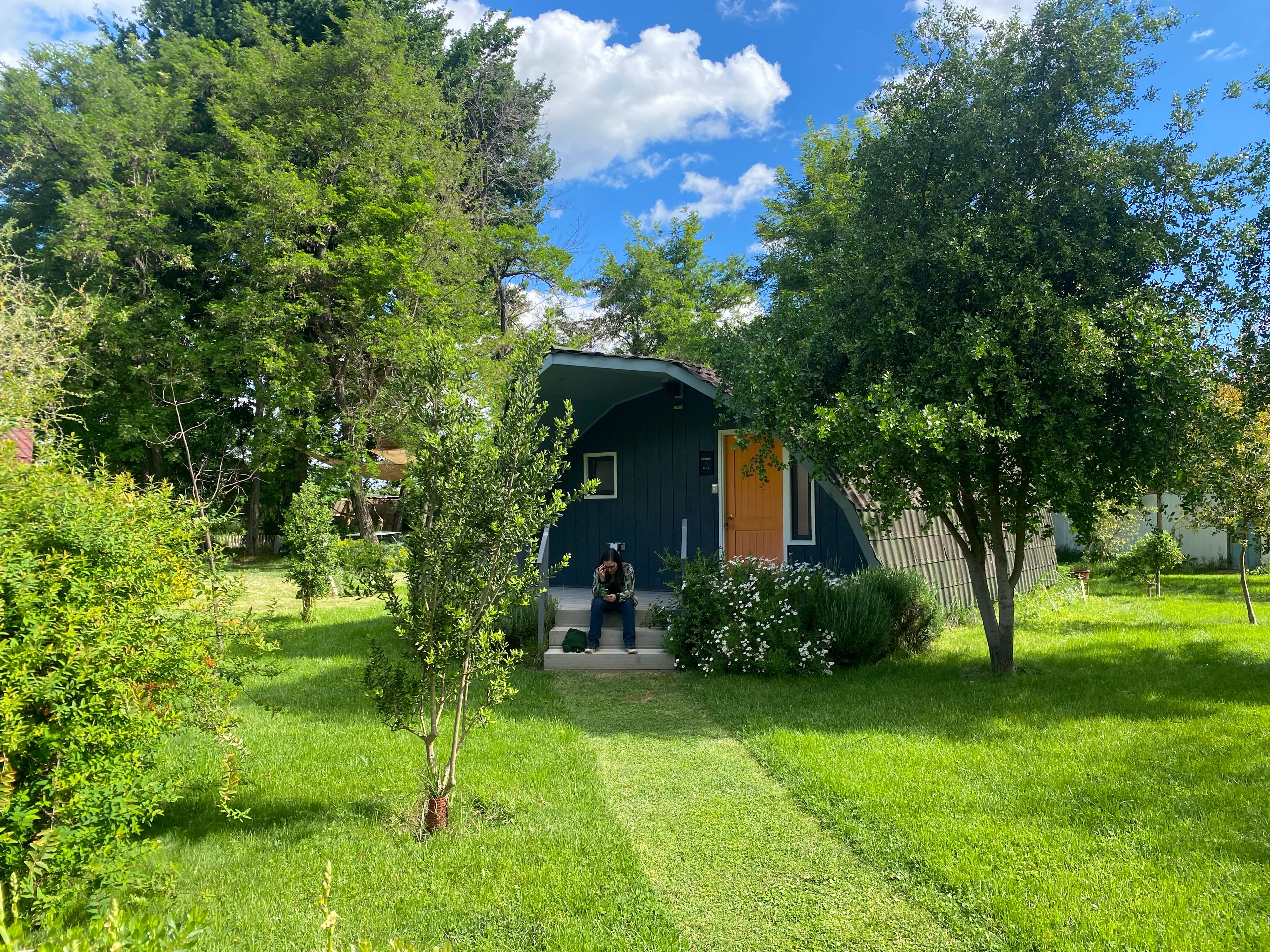 A small, dark blue house with a wooden door and a window, surrounded by lush greenery and trees.