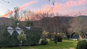 Un paisaje rural con una estructura de techo verde, cielo despejado y un sendero que atraviesa la vegetación.