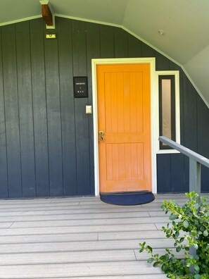 Una puerta de madera oscura con un panel naranja brillante, un buzón y una ventana pequeña.